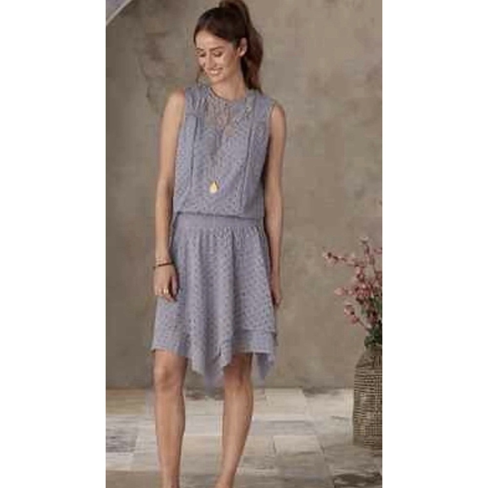 SUNDANCE Women's Gray On The Sea Eyelet Lace Dress Handkerchief Hem Size M New
